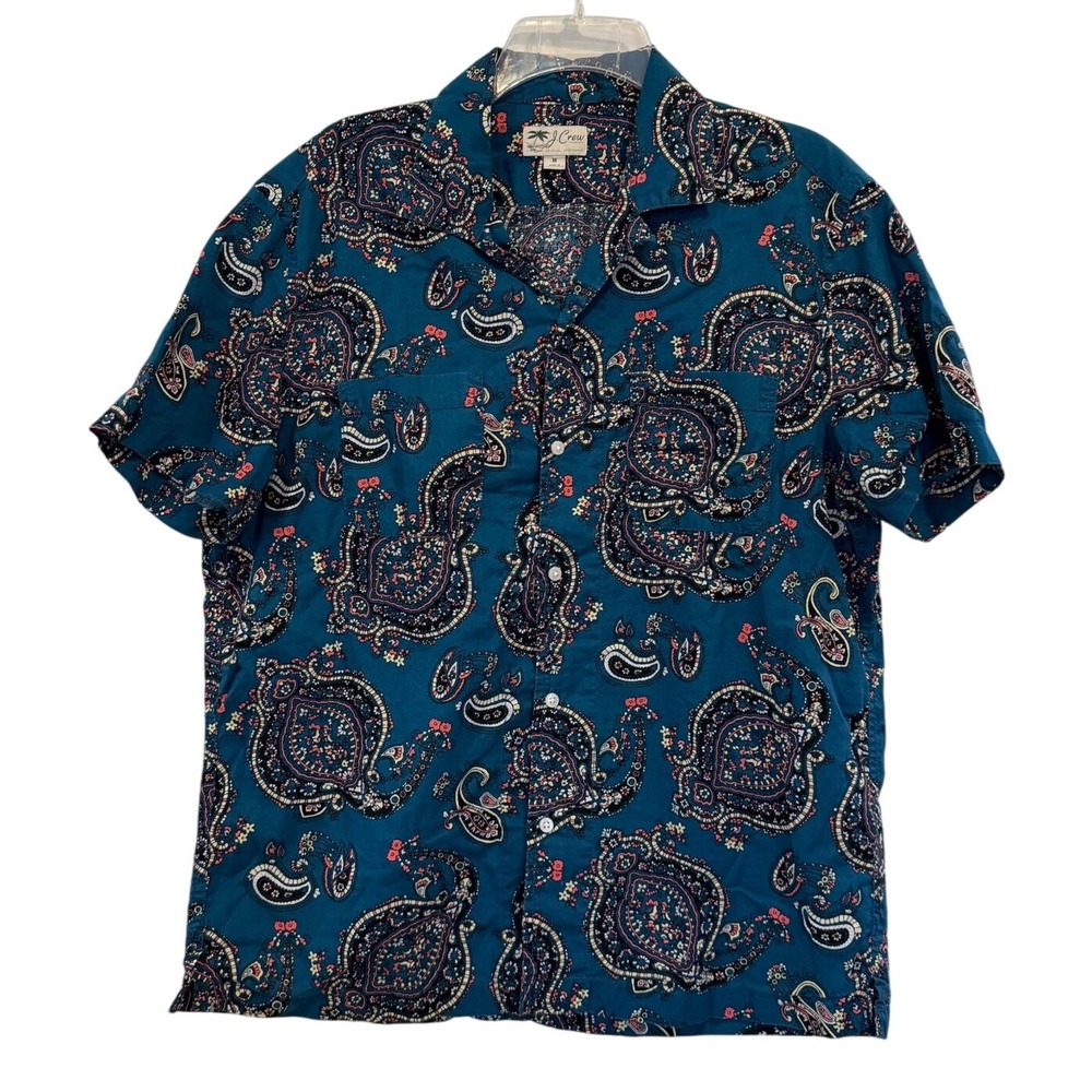 JCrew Mens Teal Blue Paisley Floral Short Sleeve Button Down Shirt Size Medium